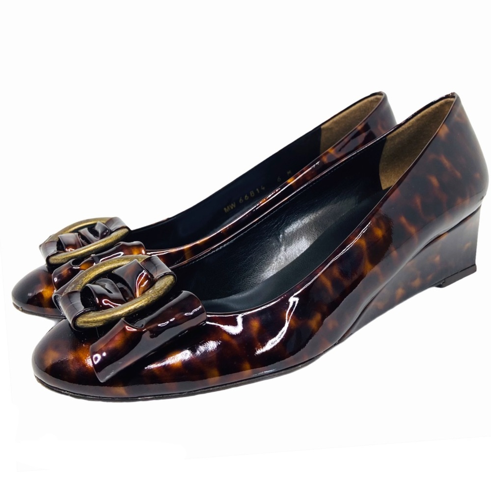 Stuart Weitzman Tortoise Patent Women’s 6 Shoes Caring Brown Demi Wedge Shoes - Picture 2 of 16